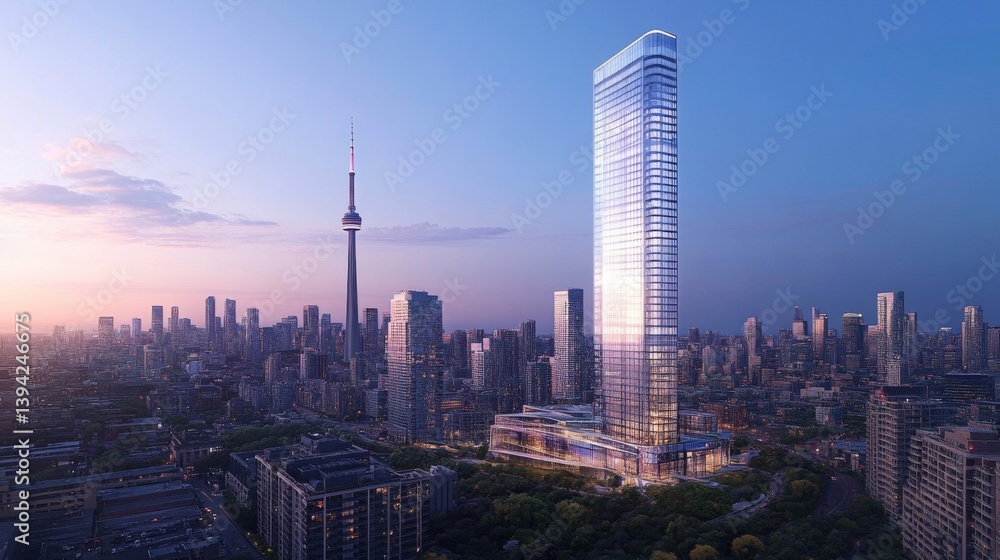 Naklejka premium Modern Glass Skyscraper at Sunset Over City Skyline