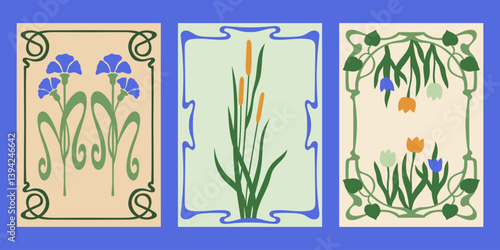 Art Nouveau style vector posters set. Vintage print designs with flowers, plants and whimsical frames