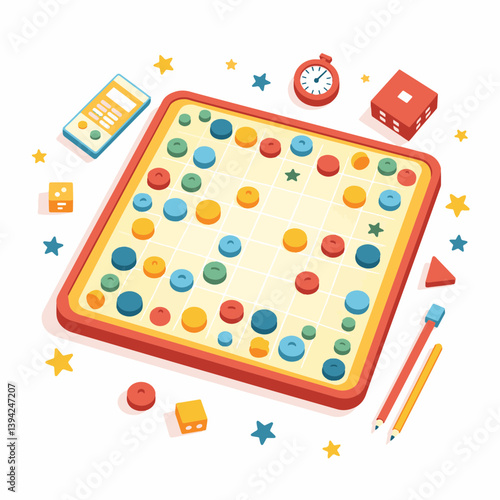 Colorful board game setup on white background, fun and strategy
