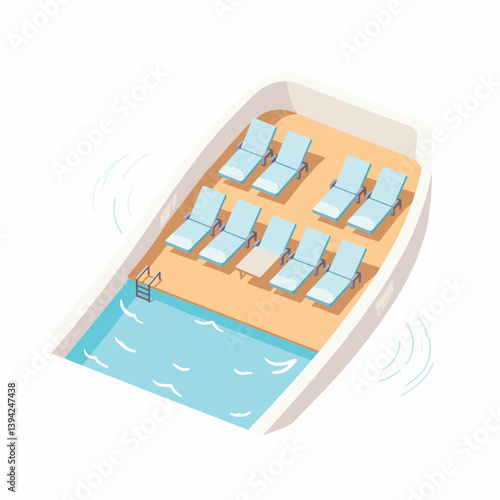 Modern cruise ship deck with lounge chairs and pool, leisure concept