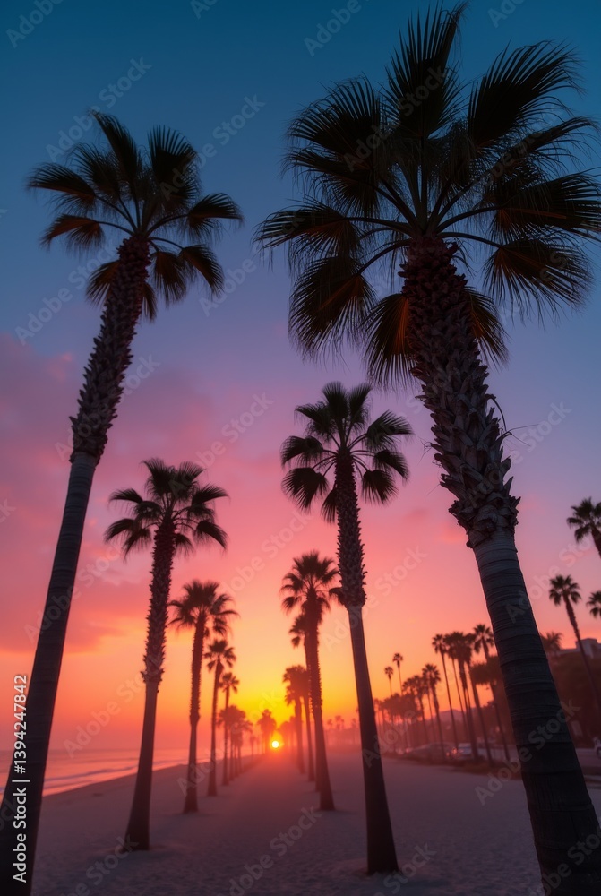 Palm tree alley on tropical beach at sunset with colorful sky and sun on horizon, summer vacation and travel destination concept Palm tree alley on tropical beach at sunset with colorful sky and sun on horizon, summer vacation and travel destination concept