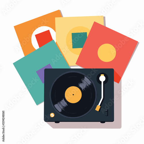 Vintage vinyl record player surrounded by colorful album covers, nostalgia