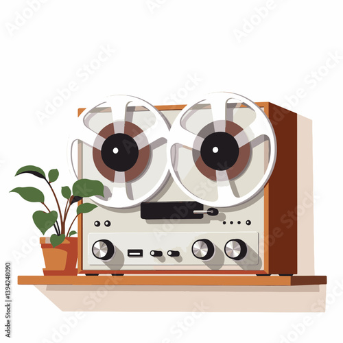 Vintage reel-to-reel tape recorder on wooden shelf, nostalgic audio