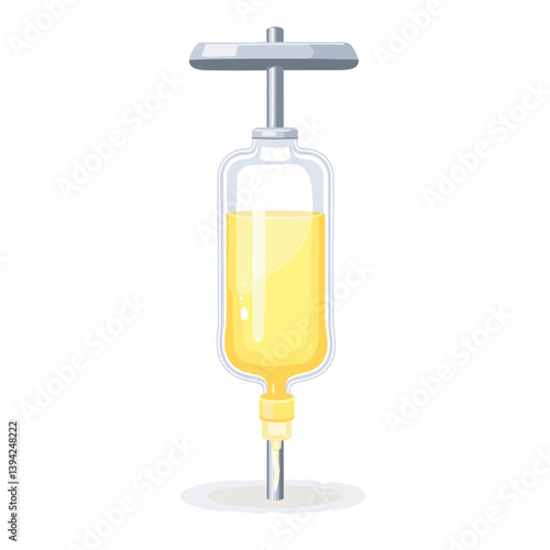 Medical IV drip bag filled with saline solution, hospital setting