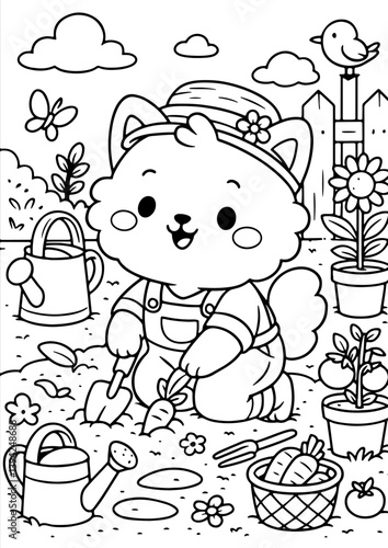 A fluffy kitten works in the garden and digs up vegetables with a shovel. Black and white coloring page for kids.