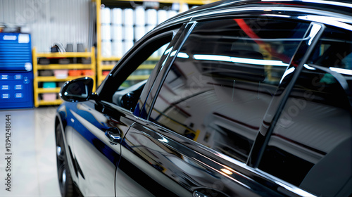 Tinted side view of a car window covered with ceramic film for heat rejection and UV protection on on the car window glass surface 