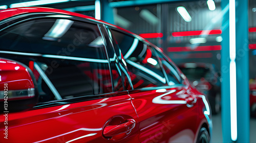 Tinted side view of a car window covered with ceramic film for heat rejection and UV protection on on the car window glass surface 