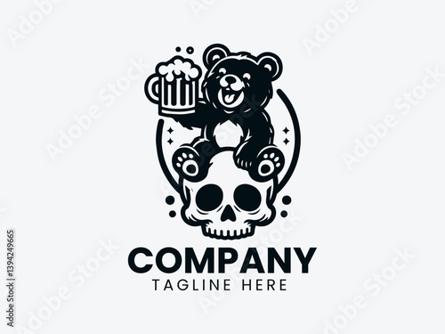 Cheerful Bear Skull Beer Mug Logo, Cartoon Bear Skull Beer Logo