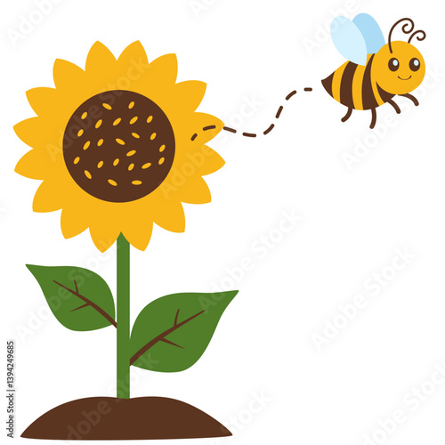 Cute bee flying toward a bright sunflower, perfect for kids content, spring themes, gardening, eco-friendly projects, and educational designs.
