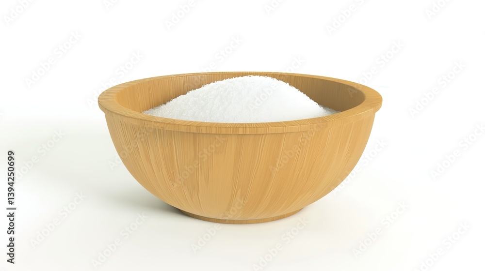 White sugar in a wooden bowl is isolated on a white background. The simple and clean scene shows the natural color and texture of the sugar and the bowl. White sugar in a wooden bowl is isolated on a white background. The simple and clean scene shows the natural color and texture of the sugar and the bowl.