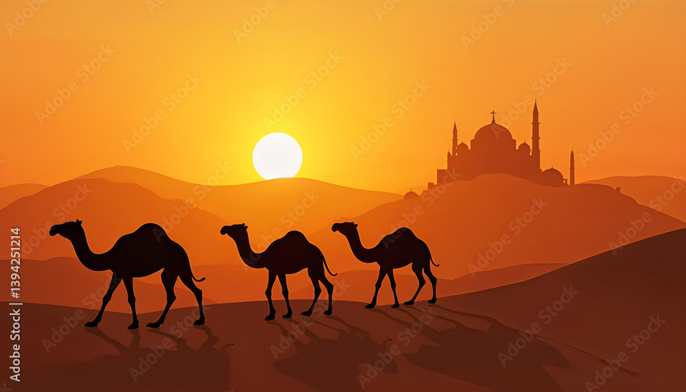 Camels walking through a desert, taken in the Liwa Oasis, Abu Dhabi area, United Arab Emirates Camels walking through a desert, taken in the Liwa Oasis, Abu Dhabi area, United Arab Emirates