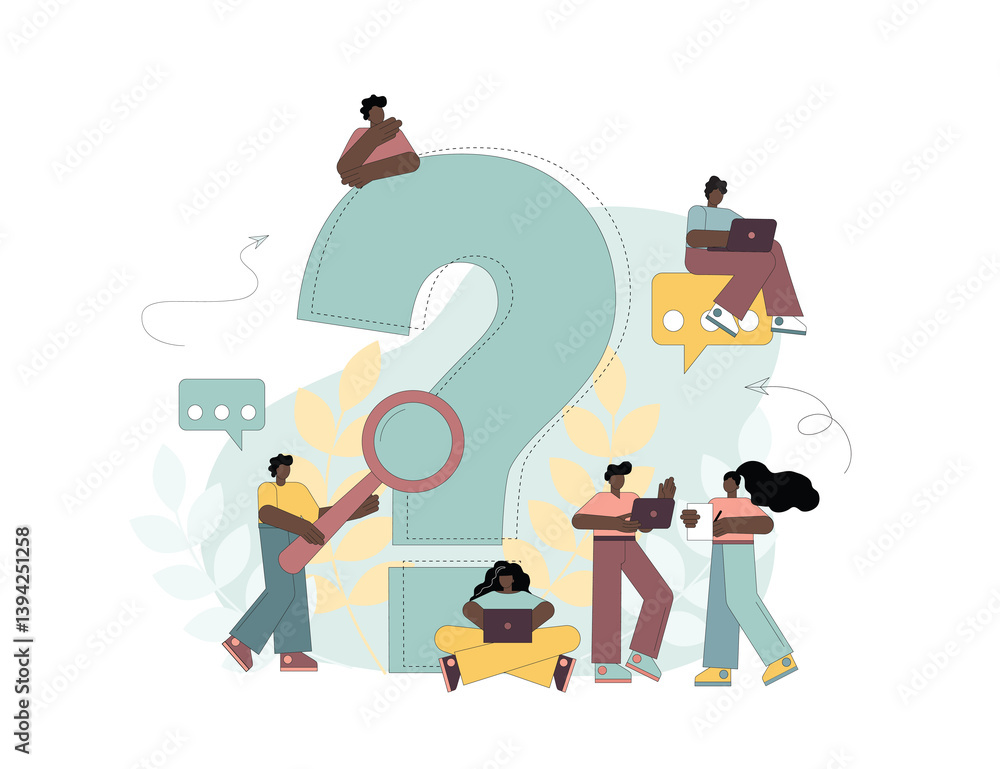Question mark. People ask questions around a huge question mark. Vector flat illustration Question mark. People ask questions around a huge question mark. Vector flat illustration