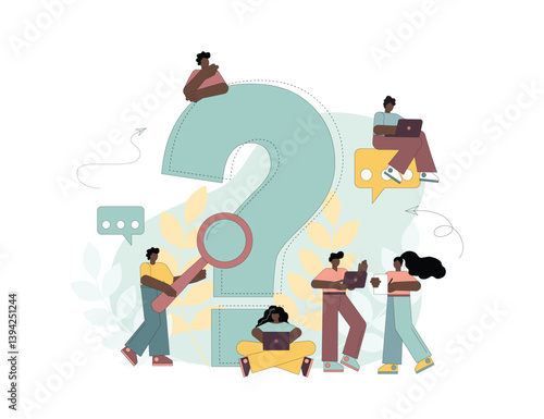 Question mark. People ask questions around a huge question mark. Vector flat illustration.eps