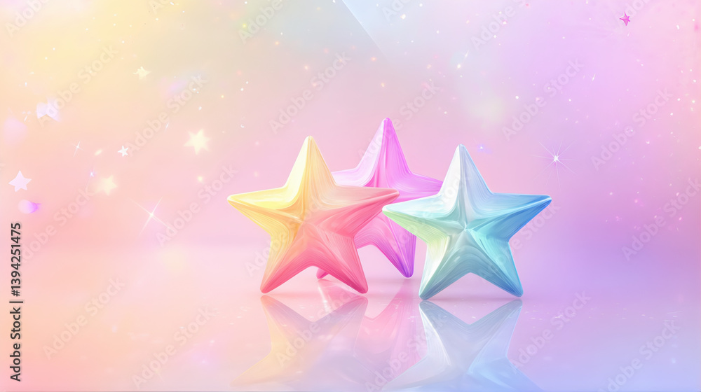 Obraz premium 3D pastel shooting stars. Glittering 3D colorful stars with pastel colors against a soft, dreamy background digitally rendered. Glowing pink stars confetti. Silver star with blue and pink background 