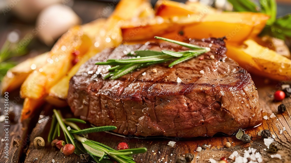 An appetizing plate of steak frites is presented. The steak, a thick and juicy cut, is cooked to a perfect medium - rare, with a seared, browned exterior that gives off a mouth - watering aroma An appetizing plate of steak frites is presented. The steak, a thick and juicy cut, is cooked to a perfect medium - rare, with a seared, browned exterior that gives off a mouth - watering aroma
