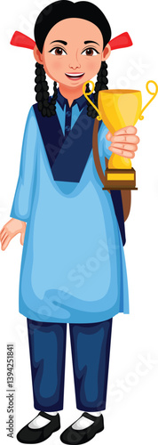 Indian School Girl Showing Trophy Cartoon Character Vector Illustration