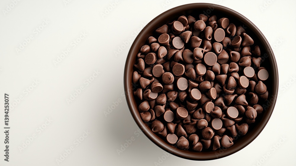 top view of bowl overflowing with delicious chocolate chips on white background with copy space top view of bowl overflowing with delicious chocolate chips on white background with copy space