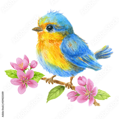 Baby bird sitting on branch with spring sakura flowers. Watercolor illustration for greeting card or invitation..