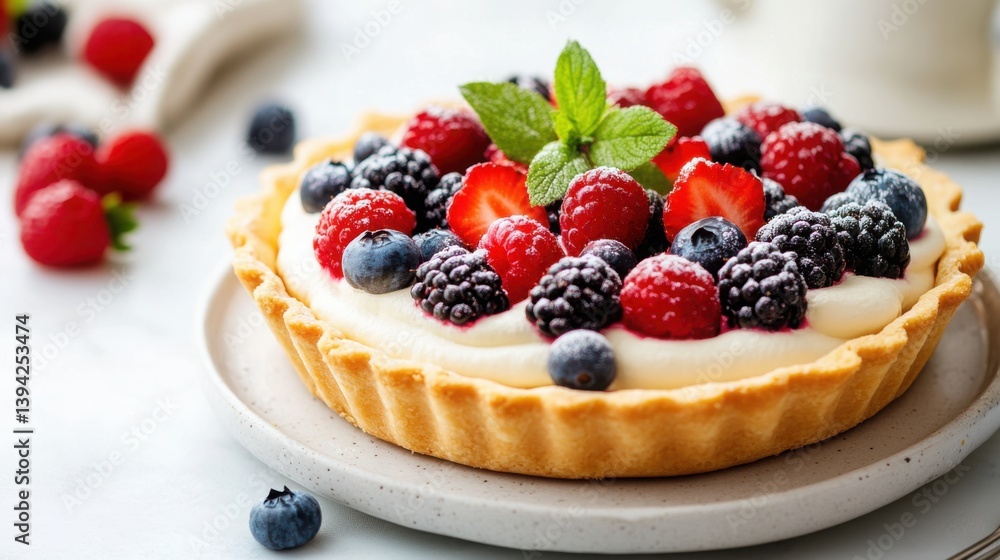 Tart with strawberry cream and fresh berries on top Tart with strawberry cream and fresh berries on top