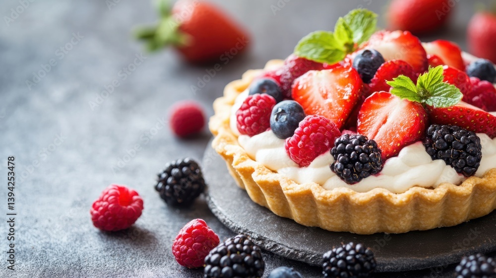 Tart with strawberry cream and fresh berries on top Tart with strawberry cream and fresh berries on top