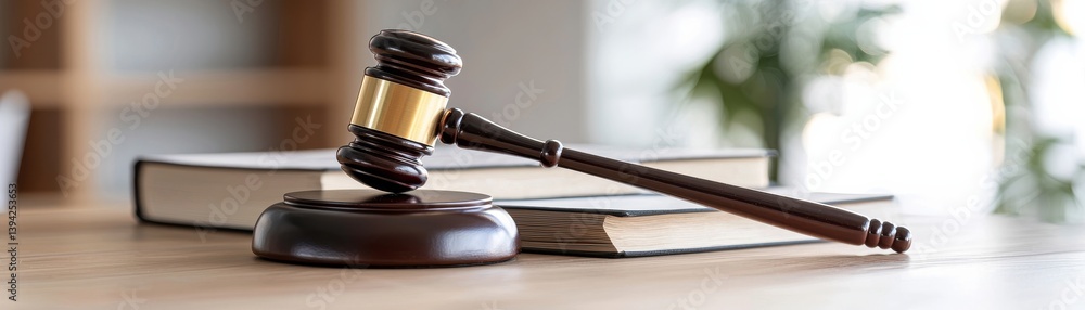 Wooden gavel resting on a sound block beside stacked law books in a modern office environment Wooden gavel resting on a sound block beside stacked law books in a modern office environment