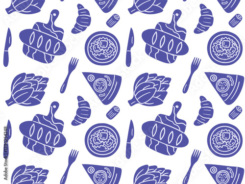 Seamless pattern featuring hand-drawn ink food elements inspired by Italian cuisine: ravioli, artichoke, pizza slice, bread on a board, croissant, fork and knife. Great for packaging, kitchen design.