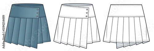 Asymmetric Pleated Mini Skirt Technical Fashion Sketch. Skirt fashion flat technical drawing template, buttons, front and back view, white, vintage blue, women CAD mockup set.