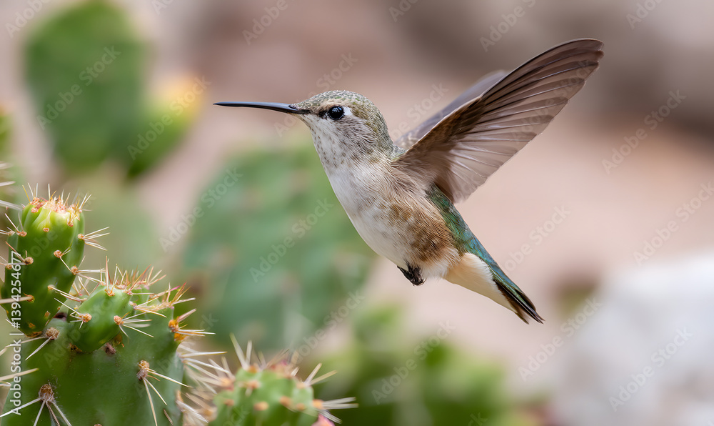 Obraz premium beautiful hummingbird flying next to a new mexico desert cactus, Generative AI