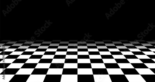 Perspective black and white checkered floor that fades into black background. Surface with checkerboard pattern. Ideal for retro, racing or digital themes. Vector illustration