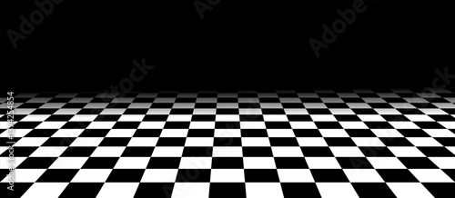 Perspective black and white checkered floor that fades into black background. Surface with checkerboard pattern. Ideal for retro, racing or digital themes. Vector illustration