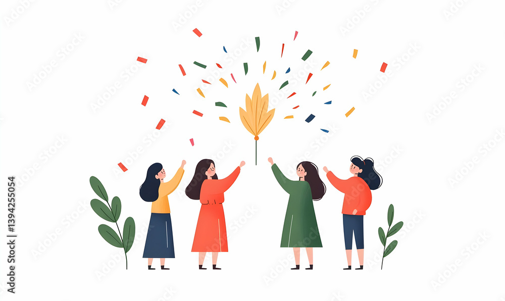 Celebratory Graphic Design of Startup Team with Confetti and Cheers