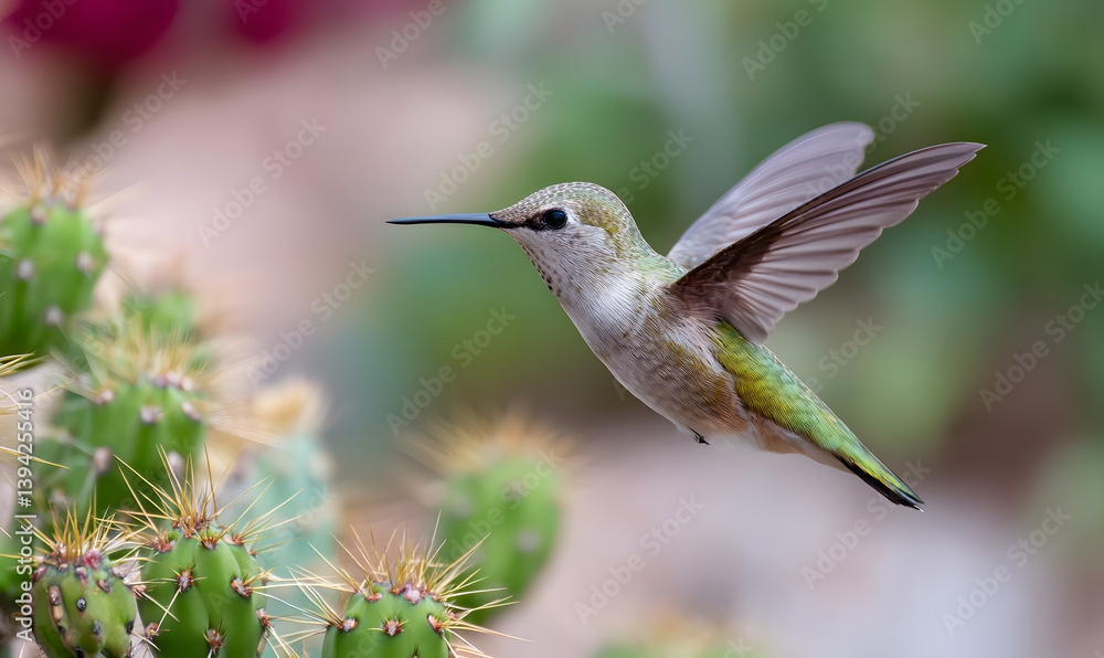 Fototapeta premium beautiful hummingbird flying next to a new mexico desert cactus, Generative AI
