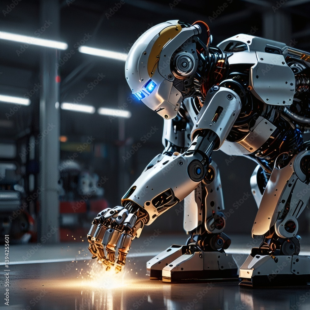 Fototapeta premium A high-tech robot performing tasks in a clean, industrial environment with dynamic lighting. 