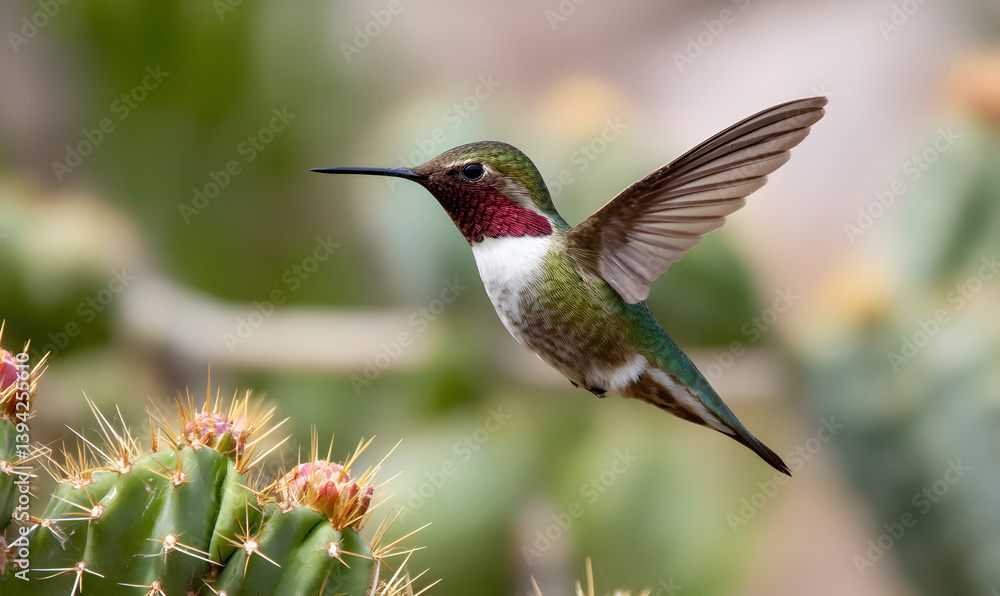 Fototapeta premium beautiful hummingbird flying next to a new mexico desert cactus, Generative AI