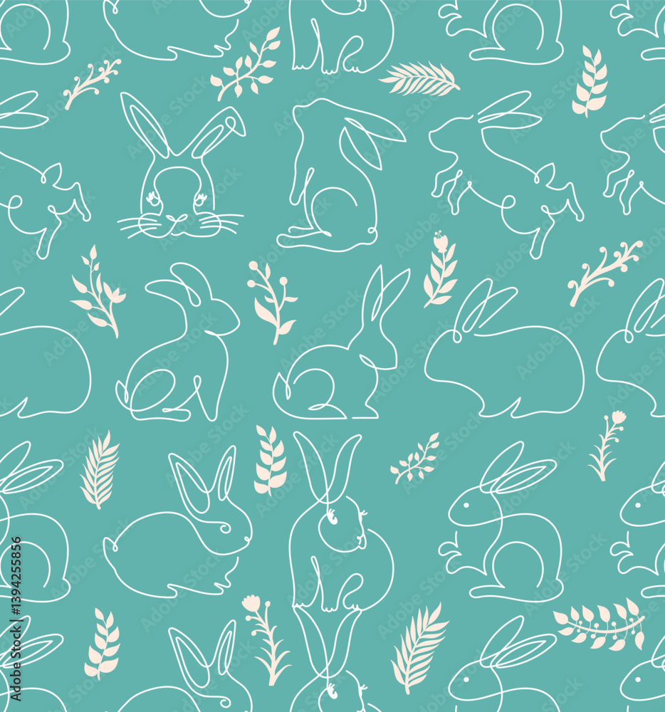 Naklejka premium Seamless pattern with Easter rabbits. Hand drawn bunny pattern. Cute Easter bunnies seamless background with carrots, eggs. Pattern rabbit and leaves on green background vector illustration.