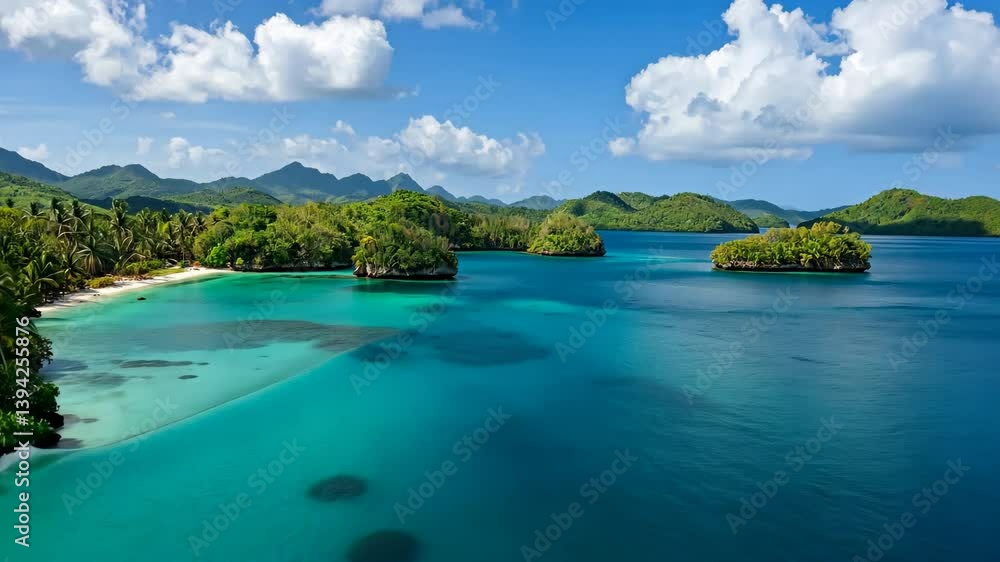 A beautiful blue ocean with a few islands in the distance. The sky is clear and the sun is shining A beautiful blue ocean with a few islands in the distance. The sky is clear and the sun is shining