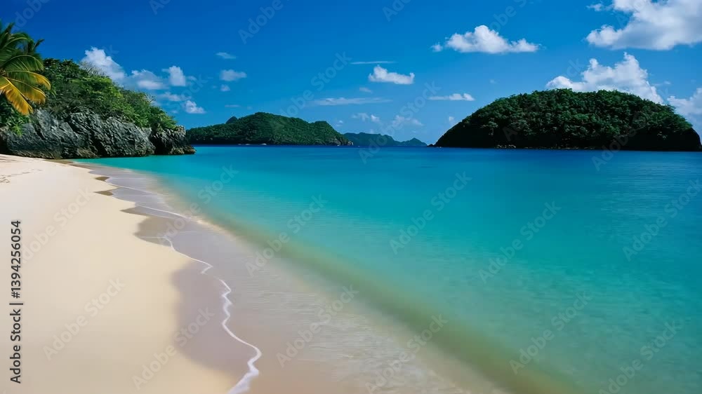 A beautiful beach with a clear blue ocean and palm trees in the background. The beach is empty and the water is calm A beautiful beach with a clear blue ocean and palm trees in the background. The beach is empty and the water is calm
