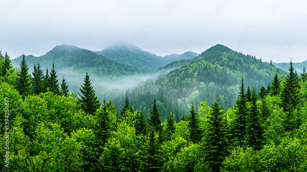 Fototapeta premium Forest Landscape with Foggy Mountains Verdant Canopy and Evergreen Trees Nature Serenity Scenery