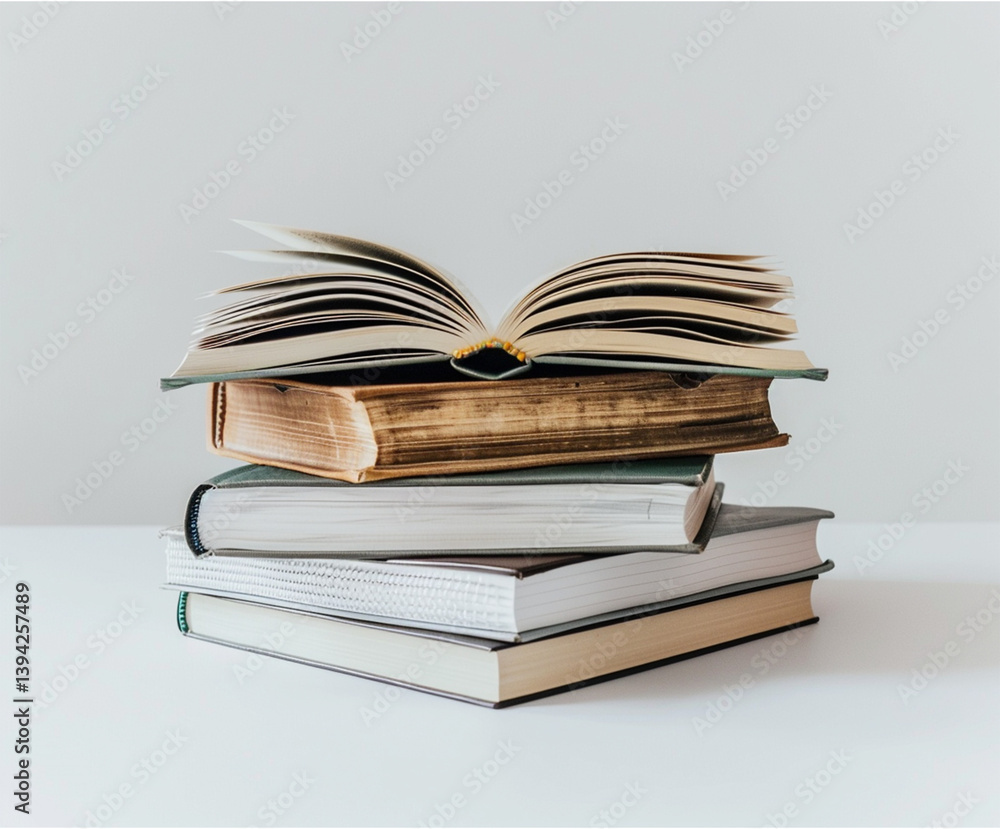 Obraz premium Stack of colorful open magazines and catalogs arranged on a white background. Concept of knowledge, research, education, printing, and publishing industry