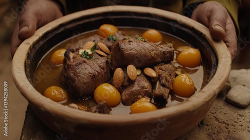 Hands holding a traditional earthenware pot, filled with slow-cooked meat and fruit, rich with flavour