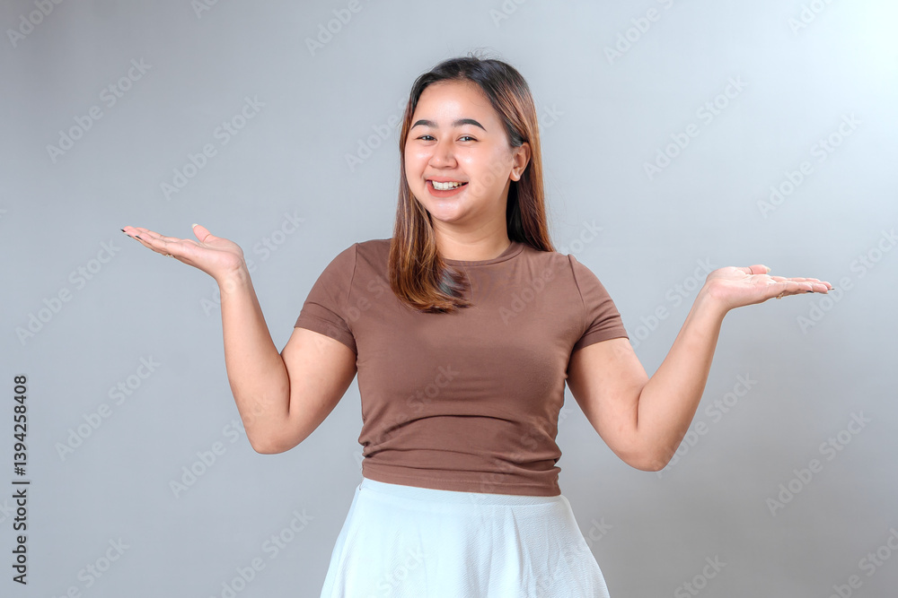 Cheerful young woman smiling and raising both hands in a presenting gesture, expressing friendliness and positivity, isolated on neutral background, ideal for advertising or promotion. Cheerful young woman smiling and raising both hands in a presenting gesture, expressing friendliness and positivity, isolated on neutral background, ideal for advertising or promotion.