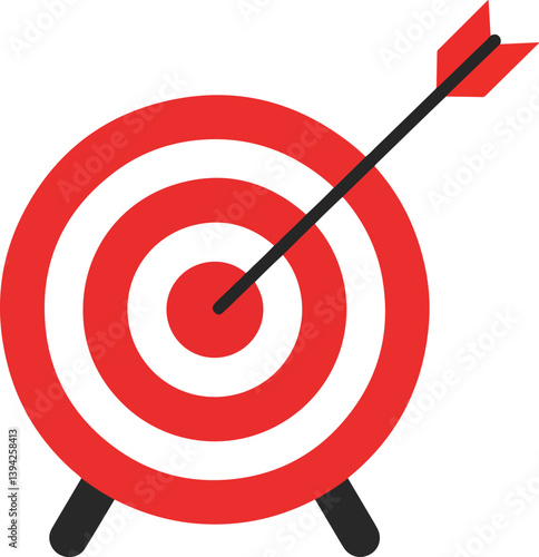 flat red target icon with arrow hitting bullseye on solid white background – modern minimal vector illustration