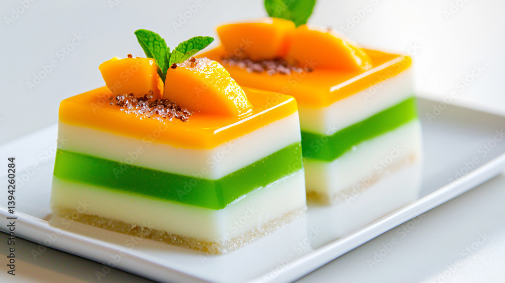 Two Square Dessert Treats Featuring Mango and Mint on a White Plate for Food Presentation Two Square Dessert Treats Featuring Mango and Mint on a White Plate for Food Presentation