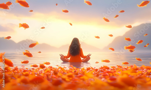 Obraz na płótnie Serene Underwater Meditation Surrounded by Golden Fish and Petals w salonie