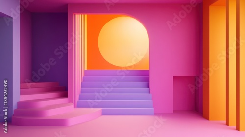 Fototapeta Naklejka Na Ścianę i Meble -  Abstract colorful room with stairs and arched doorway.