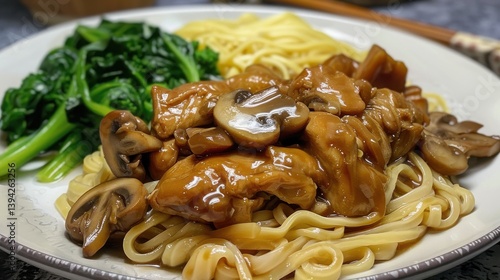 A plate of Chinese egg noodles with braised chicken, mushrooms, and vegetables on the side
