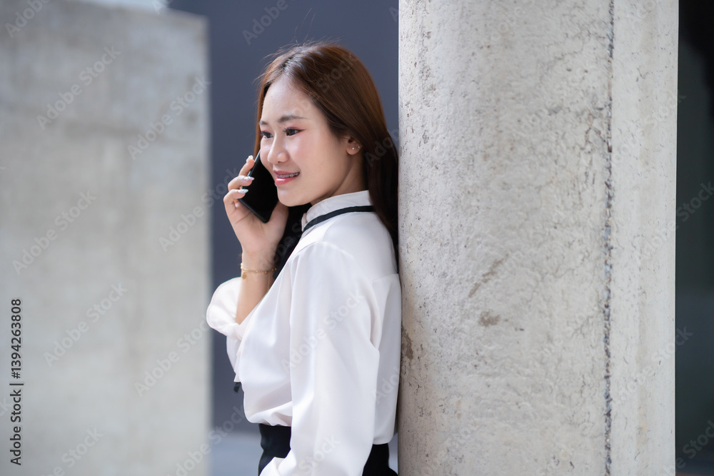 Portrait of beautiful happy Smiling asian woman relaxing talking making using smartphone in cafe interior in coffee shop background,Business Lifestyle summer holiday concept