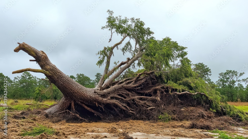 Obraz premium Storm-uprooted tree, field, cloudy day