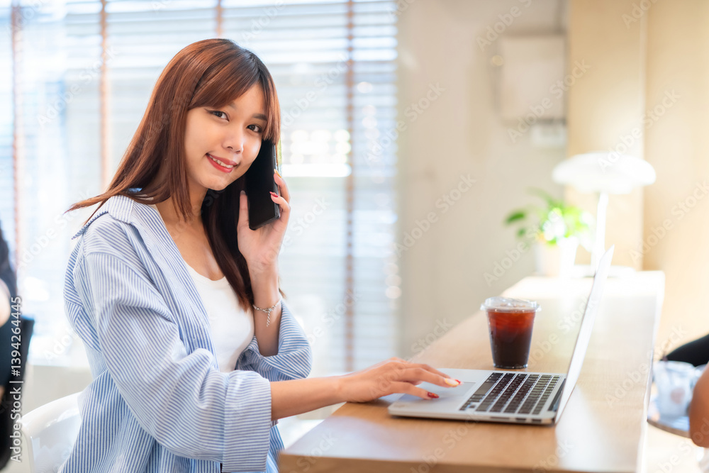 asian freelance people teenage businesswoman talking making using smartphone casual working with laptop computer in cafe coffee shop background,business expressed confidence embolden and successful