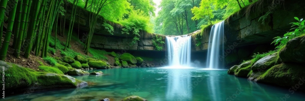 Naklejka premium Serene waterfall cascades through lush bamboo , summer, tranquility